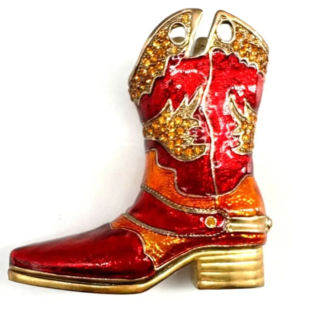 Red Enamel Cowboy Boot Figurine Amber Rhinestone Paperweight Heavy Metal Decor